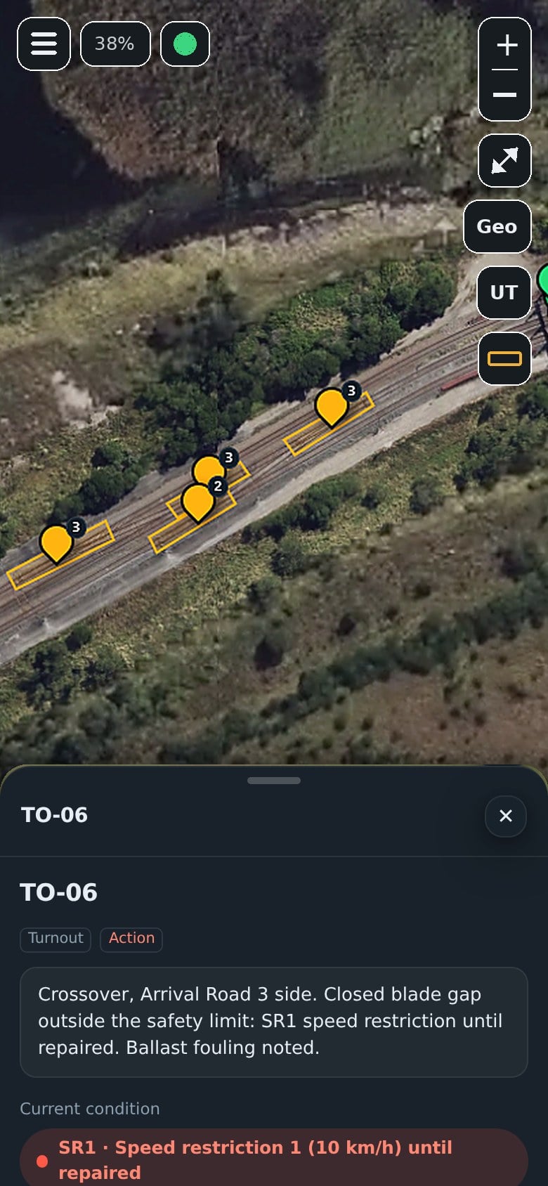 The Align Rail field app on a phone, showing turnouts over aerial imagery with one turnout open under an SR1 speed restriction